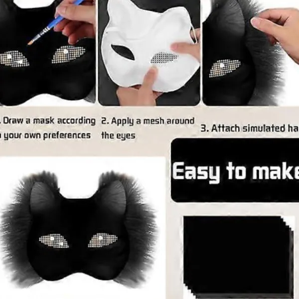 Kattmask med päls och nätöga, tomma pappersmasker för DIY, vita målningspappersmasker, kattmask för DIY Halloween Mardi Gras Party{AZC}> Tillbehör