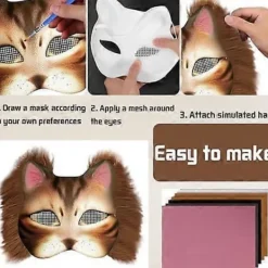 Kattmask med päls och nätöga, tomma pappersmasker för DIY, vita målningspappersmasker, kattmask för DIY Halloween Mardi Gras-fest-FA-> Tillbehör