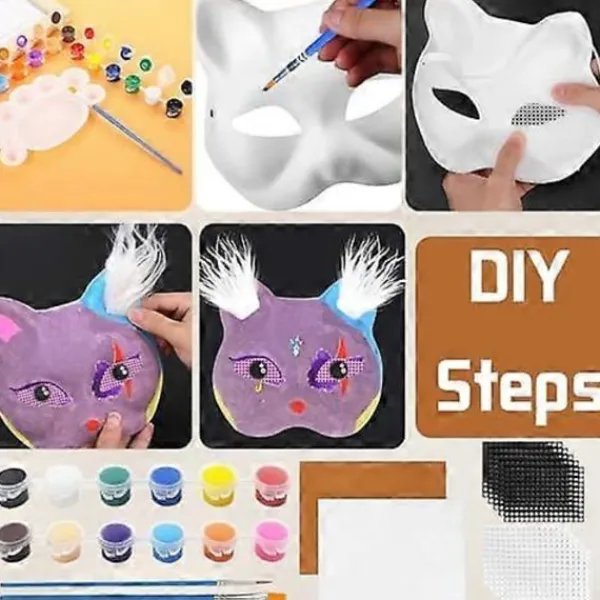 Heta säljare Kattmask med päls och nätöga, tomma pappersmasker för DIY, vita målningspappersmasker, kattmask för DIY Halloween Mardi Gras-fest-Glad> Masker