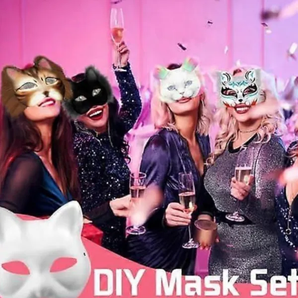 Kattmask med päls och nätöga, tomma pappersmasker för DIY, vita målningspappersmasker, kattmask för DIY Halloween Mardi Gras-fest> Tillbehör