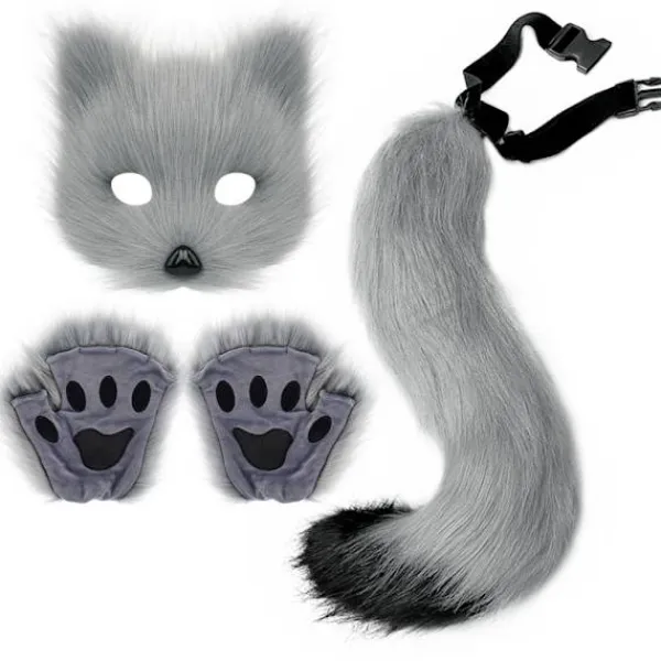 Kattmask, Svans och Tasshandskar Set, Djurdräkt Kit, Maskerad Tillbehör och Festlig Rolig—max> Tillbehör