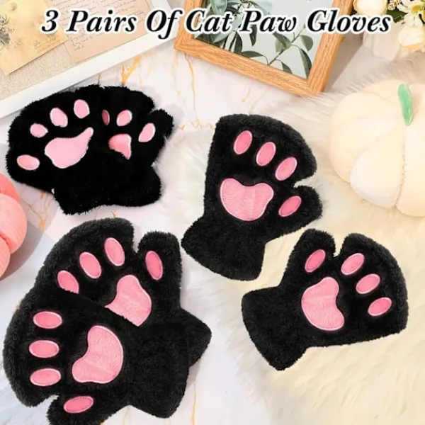 Kattpåtassar Vantar 3 Par Vantar Kattpåtassar Cosplay Konstgjord Päls Plysch Kattvantar Lejonpåtassar Fingerlösa Vantar för Flickor Kvinnor> Tillbehör
