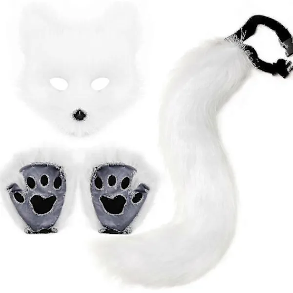 FMYSJ Konstgjord Pälsräv Svans Katt Varulv Cosplay Kostym Set Plysch Mask Fluffiga Tassar Handskar Halloween Jul (FMY)> Tillbehör