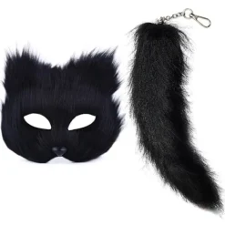 Konstgjord Pälsräv Svans Katt Mask Therian Mask och Svans Halloween Cosplay Fest - Svart> Tillbehör