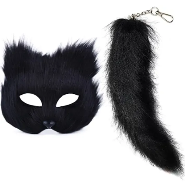 Konstgjord Pälsräv Svans Katt Mask Therian Mask och Svans Halloween Cosplay Fest - Svart> Tillbehör