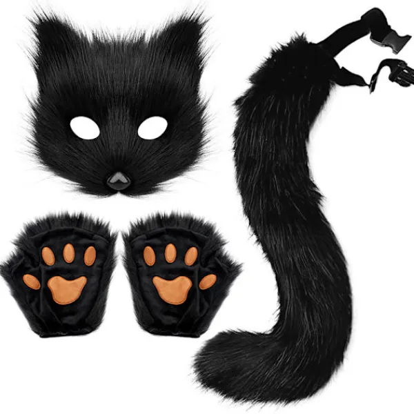 Konstgjord Pälsväv Svans Katt Varulv Cosplay Kostym Set Plysch Mask Fluffiga Tassar Handskar Halloween Jul Svart Svart One Size> Tillbehör
