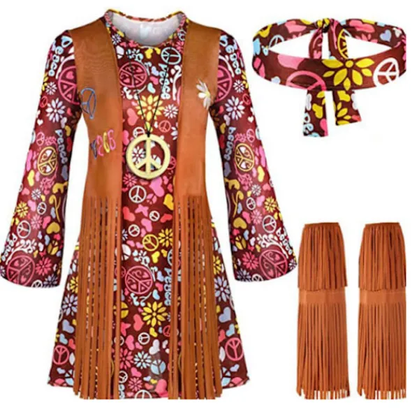 Holocky Kvinnor Hippie Kostym Set Halsband Pannband Klänning M> Dräkter