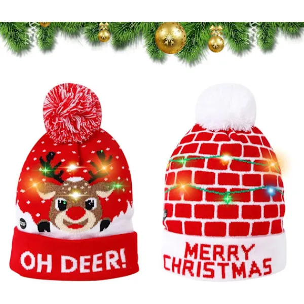LED Julhatt 2 Stycken LED Färgglad Julhatt Fawn Stickad> Tillbehör