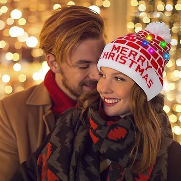 LED-upplyst mössa i stickad beanie, färgglad LED-julmössa> Huvudbonader
