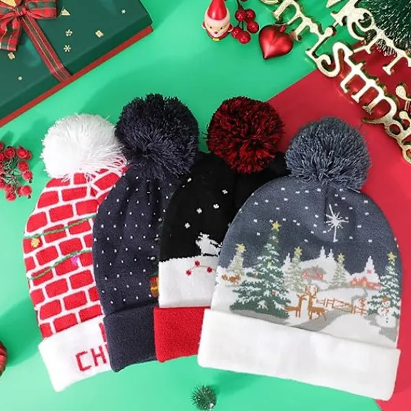LED-upplyst mössa i stickad beanie, färgglad LED-julmössa> Huvudbonader