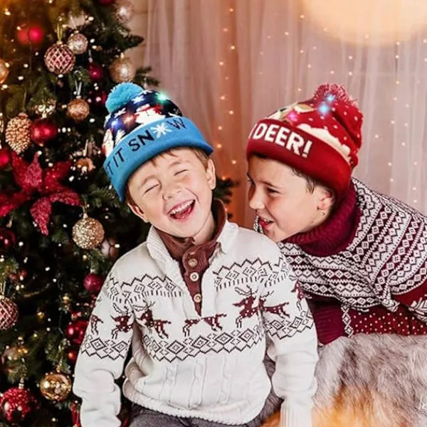 Ljusande Julhatt, LED Julhattar med Ljus, Blinkande Julmössa Stickad Mössa Kompatibel med Barn Vuxna Pojkar Flickor> Huvudbonader