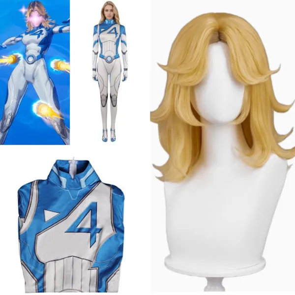 Marvel Rivals: Susan Storm Cosplay Kostym Osynliga Fantastiska Fyran Jumpsuit+Peruk Endast Peruk One Size> Peruker