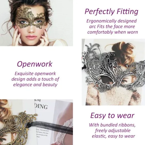 ATELA Maskeradmask - Venetiansk mask för kvinnor Pretty Elegant Lady Spets Maskerad Halloween Mardi Gras Party Guld+Silver+Svart> Masker