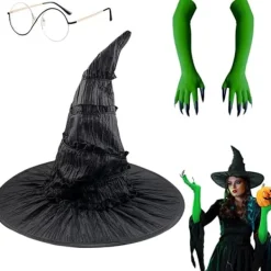 Med Häxhatt, Trollkarlsglasögon och Gröna Klöshandskar, Halloweenkostym för Karneval Halloweenfest Cosplay för Vuxna Kvinnor> Tillbehör