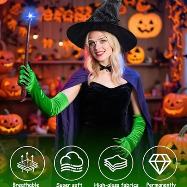 Med Häxhatt, Trollkarlsglasögon och Gröna Klöshandskar, Halloweenkostym för Karneval Halloweenfest Cosplay för Vuxna Kvinnor> Tillbehör