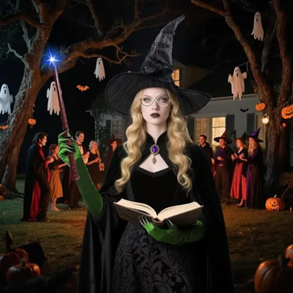 Med Häxhatt, Trollkarlsglasögon och Gröna Klöshandskar, Halloweenkostym för Karneval Halloweenfest Cosplay för Vuxna Kvinnor> Tillbehör