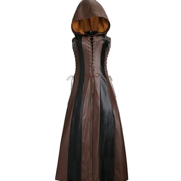 KOOLYOU Ny kvinnlig bågskytte cosplay-dräkt i konstläder med huva, snörning, lång klänning, Halloween-maskerad, medeltida krigarkostym för kvinnor L Brown> Dräkter