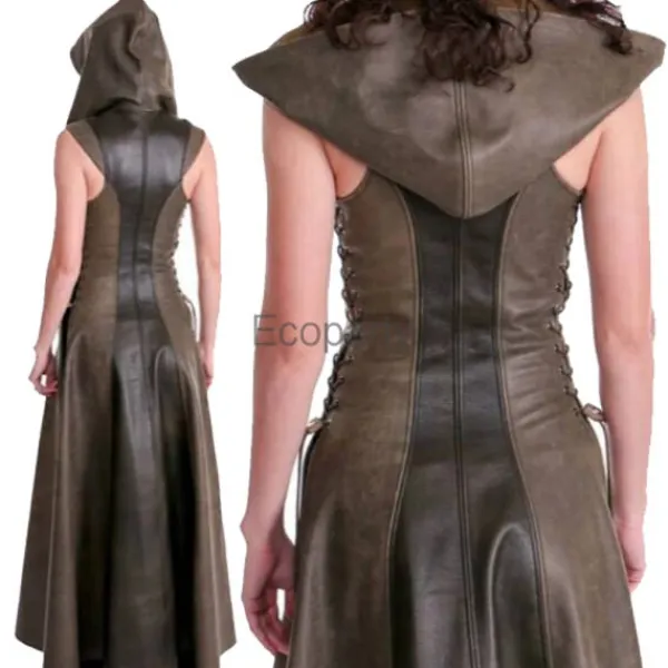 KOOLYOU Ny kvinnlig bågskytte cosplay-dräkt i konstläder med huva, snörning, lång klänning, Halloween-maskerad, medeltida krigarkostym för kvinnor L Brown> Dräkter