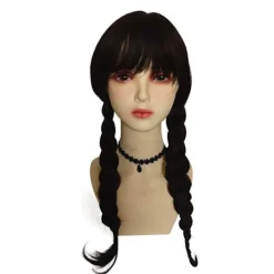 CNMR Onsdag Addams Family Wig Cosplay Långa Svarta Flätor Hår Prop Z> Peruker