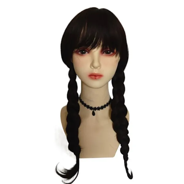 CNMR Onsdag Addams Family Wig Cosplay Långa Svarta Flätor Hår Prop Z> Peruker