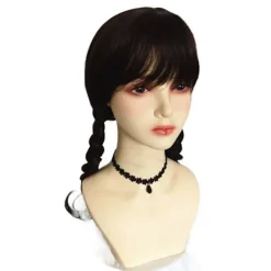Onsdag Addams Family Wig Cosplay Långa Svarta Flätor Hår Prop Z> Peruker