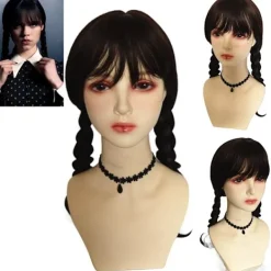 Onsdag Addams Family Wig Cosplay Långa Svarta Flätor Hår Prop Z><noscript><img width=