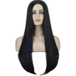 LAIQIANKUI Onsdag Morticia Addams Cosplay kostym Sexig svart klänning för kvinnor Halloween Carnival Party Costume-g M> Peruker