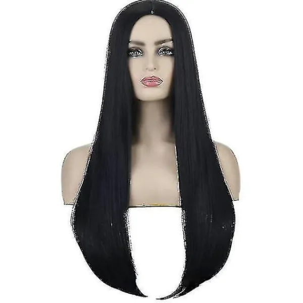LAIQIANKUI Onsdag Morticia Addams Cosplay kostym Sexig svart klänning för kvinnor Halloween Carnival Party Costume-g M> Peruker
