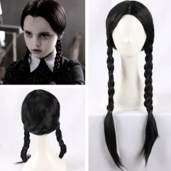 ATELA Onsdags Addams peruk med cap Svarta peruker för onsdagskostym Lång svart flätad peruk Flätor Peruker för Addams fest> Peruker