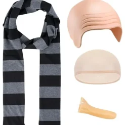 4-pack Despicable Me Gru Cosplay-kit Falsk Näsa Skallig Peruk Halloween Kostymtillbehör Svart Grå Randig Halsduk Cosplay Set för Vuxen> Tillbehör