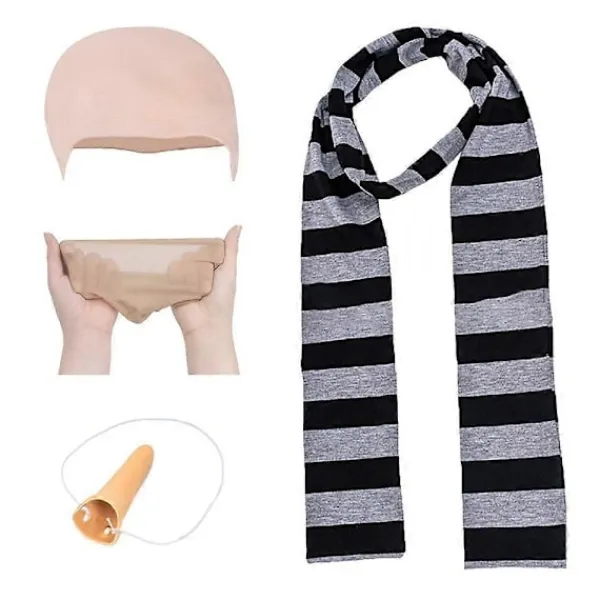 4-pack Despicable Me Gru Cosplay-kit Falsk Näsa Skallig Peruk Halloween Kostymtillbehör Svart Grå Randig Halsduk Cosplay Set för Vuxen> Tillbehör