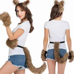 3-pack Djurdräkttillbehörssats Falsk Päls Kattunge Vargöron Hårclips Lång Svans Plyschhandskar Halloween Cosplay Rekvisita><noscript><img width=