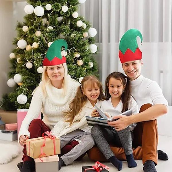 3-pack Jultomtehatt med Jingle Bells - 28 x 27cm Grön Filthatt med Röd Zigzag/Randdesign för Vuxna> Huvudbonader