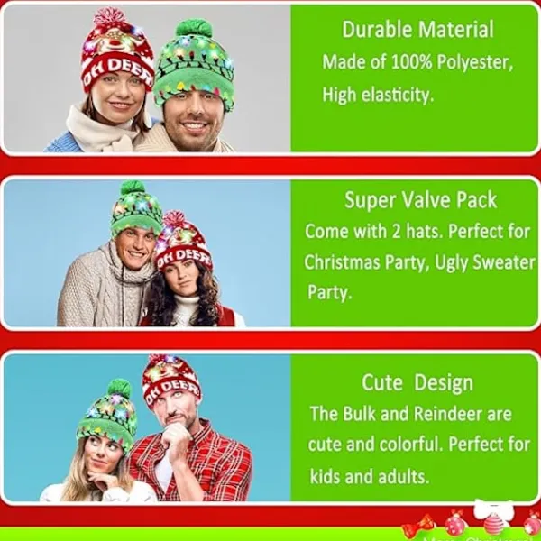 2-pack Jultomtehatt med LED-ljus, stickad, färgglada blinkande juldekorationer för fest (One Size Fits More)> Huvudbonader