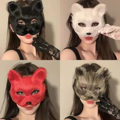 HEET 1PC Rävmask Päls Halv Ansikte Djur Katt Mask Halloween Cosplay><noscript><img width=