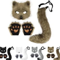 Plysch Pälsfågelräv Svans Katt Varulv Cosplay Kostym Set - Mask, Handskar - Halloween Jul Fest> Tillbehör