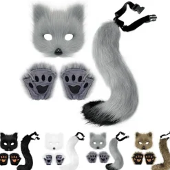 Plysch Pälsfågelräv Svans Katt Varulv Cosplay Kostym Set - Mask, Handskar - Halloween Jul Fest><noscript><img width=