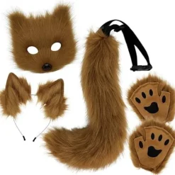 Plyschmask med rävsvans och öron set, katt svans räv kostym cosplay kostym med kattöron och tasshandskar halloween cosplay svart och vit> Tillbehör
