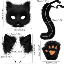 Plyschmask med rävsvans och öron set, katt svans räv kostym cosplay kostym med kattöron och tasshandskar halloween cosplay svart och vit> Tillbehör