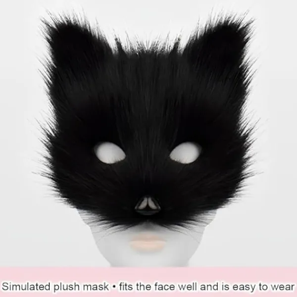 Plyschmask med rävsvans och öron set, katt svans räv kostym cosplay kostym med kattöron och tasshandskar halloween cosplay svart och vit | Fyndiq> Tillbehör
