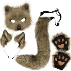 Plyschmask med rävsvans och öron set, katt svans räv kostym cosplay kostym med kattöron och tasshandskar halloween cosplay grön> Tillbehör
