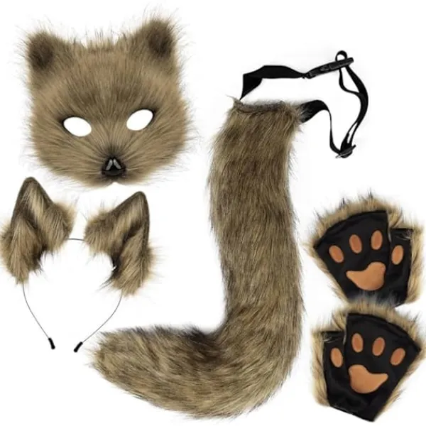Plyschmask med rävsvans och öron set, katt svans räv kostym cosplay kostym med kattöron och tasshandskar halloween cosplay grön> Tillbehör