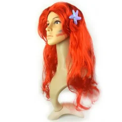 FMYSJ Prinsessan Sjöjungfru Peruk Coraline Barn Flickor Röd Lång Lockig Halloween Fest Peruk med Sjöstjärna Hårklämmor (FMY)><noscript><img width=
