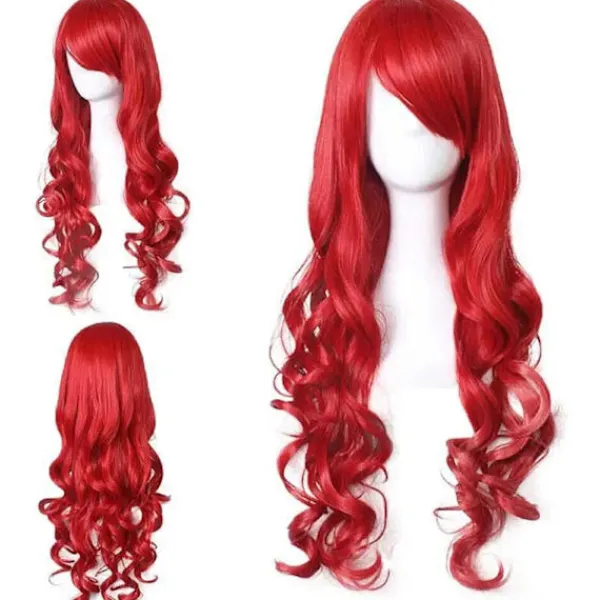 Röd Peruk för Kvinnor 80cm 31.5tum Lång Lockig Röd Cosplay Peruk Värmebeständig med Snedlugg> Peruker