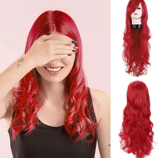 Röd Peruk för Kvinnor 80cm 31.5tum Lång Lockig Röd Cosplay Peruk Värmebeständig med Snedlugg> Peruker