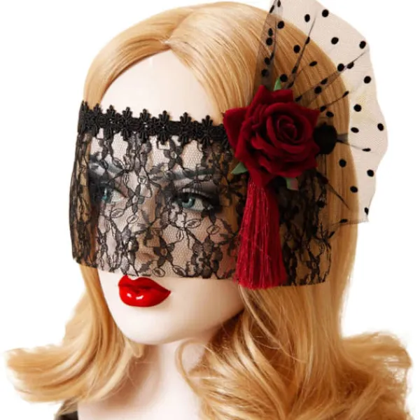 NeunWolken Röd spetsmask med slöja för cosplay, bal, halloween och dansfest> Masker