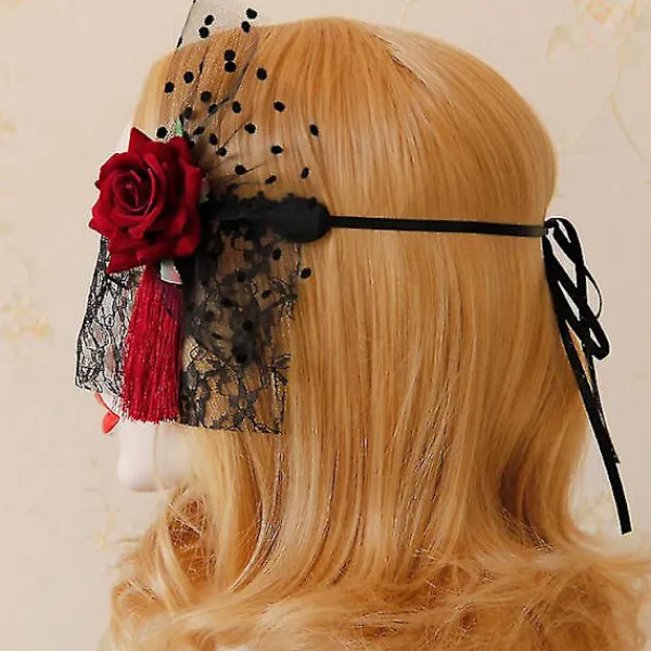 NeunWolken Röd spetsmask med slöja för cosplay, bal, halloween och dansfest> Masker