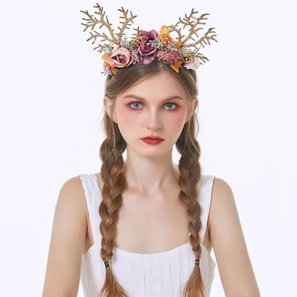 Rensdjurshorn Huvudband Med Blommor Julhårtillbehör Elghorn Huvudbonad Tomteluva Elghorn Huvudbonad Barn Vuxna Fest Fotorekvisita Kostym A> Huvudbonader