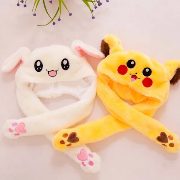 Rolig leksak kaninhatt PIKACHU hatt klämma öron airbag hatt rörlig söt plyschhatt/djurhatt som present> Huvudbonader