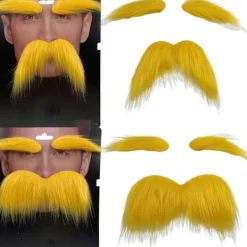 Roliga mustascher skägg cosplay kostymtillbehör för män kvinnor Halloween, gul självhäftande mustasch och ögonbryn> Tillbehör